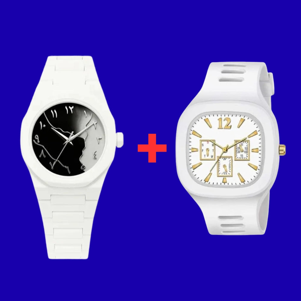 White Tiger Marble Fiber Chain + Square Rubber Watch Combo