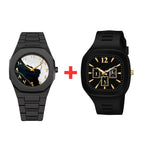 Black Tiger Marble Fiber Chain Watch + Square Rubber Watch Combo