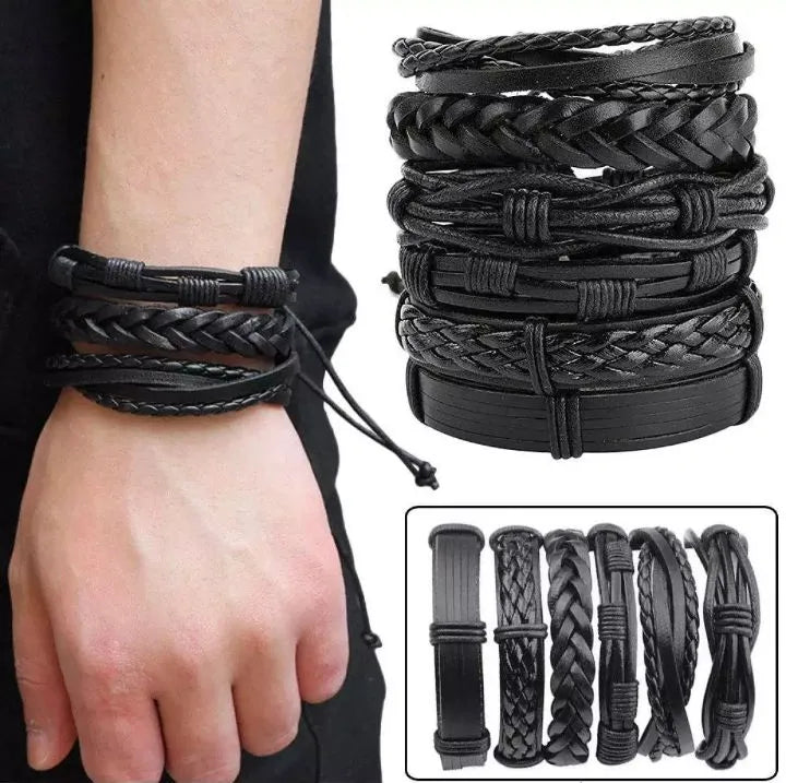 Pack of 4 Vintage Black Leather Bracelets – Adjustable
