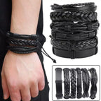 Pack of 4 Vintage Black Leather Bracelets – Adjustable