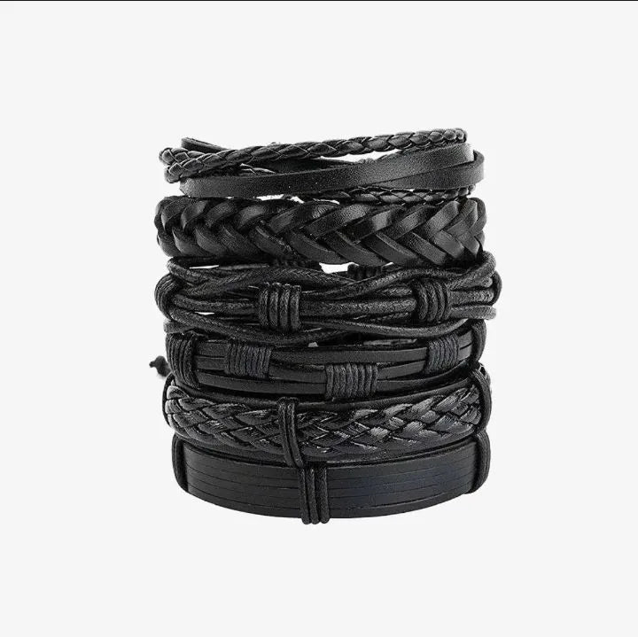 Pack of 4 Vintage Black Leather Bracelets – Adjustable