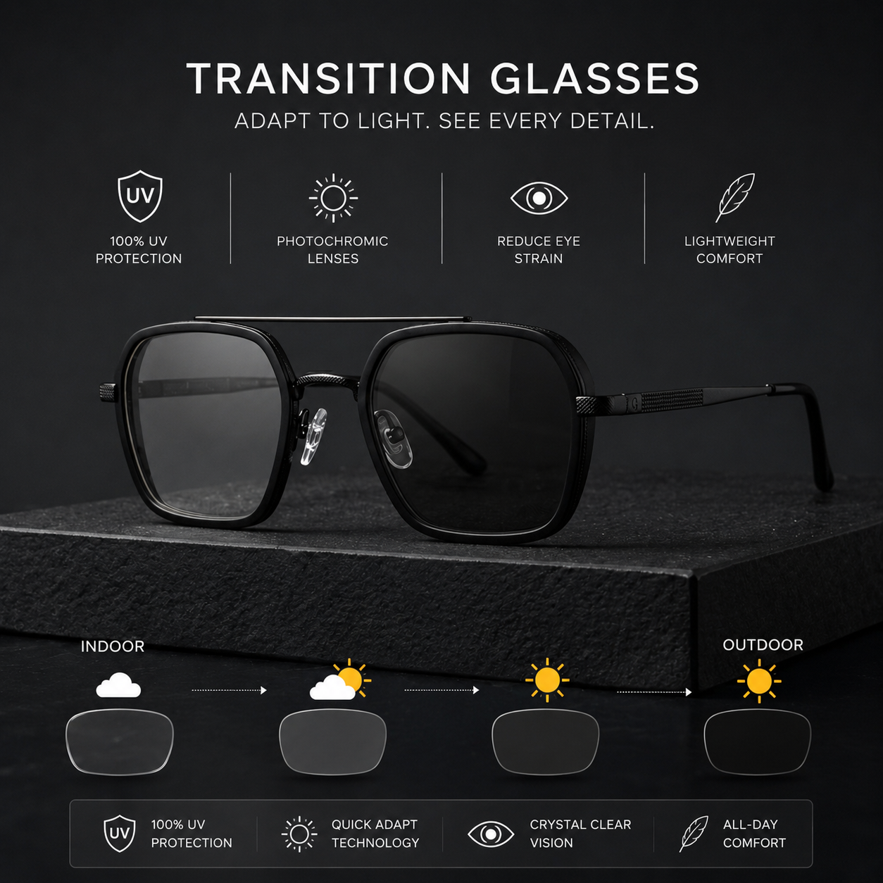 Boss Transition Glasses – Premium Photochromic UV Protection Eyewear